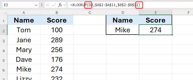 Công thức XLOOKUP trong Excel với các ngoặc đơn được đánh dấu
