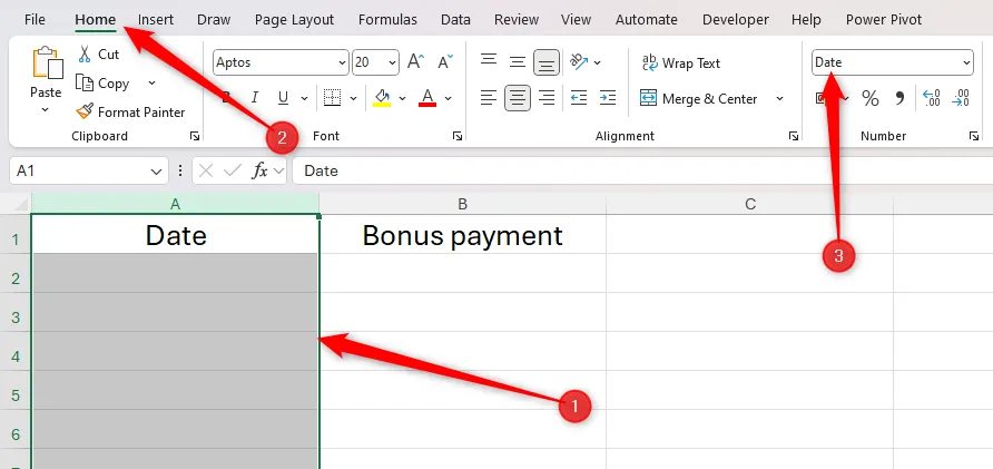 Cột A trong Excel được chọn, và Định dạng ngày trong nhóm Số của tab Trang chủ được chọn