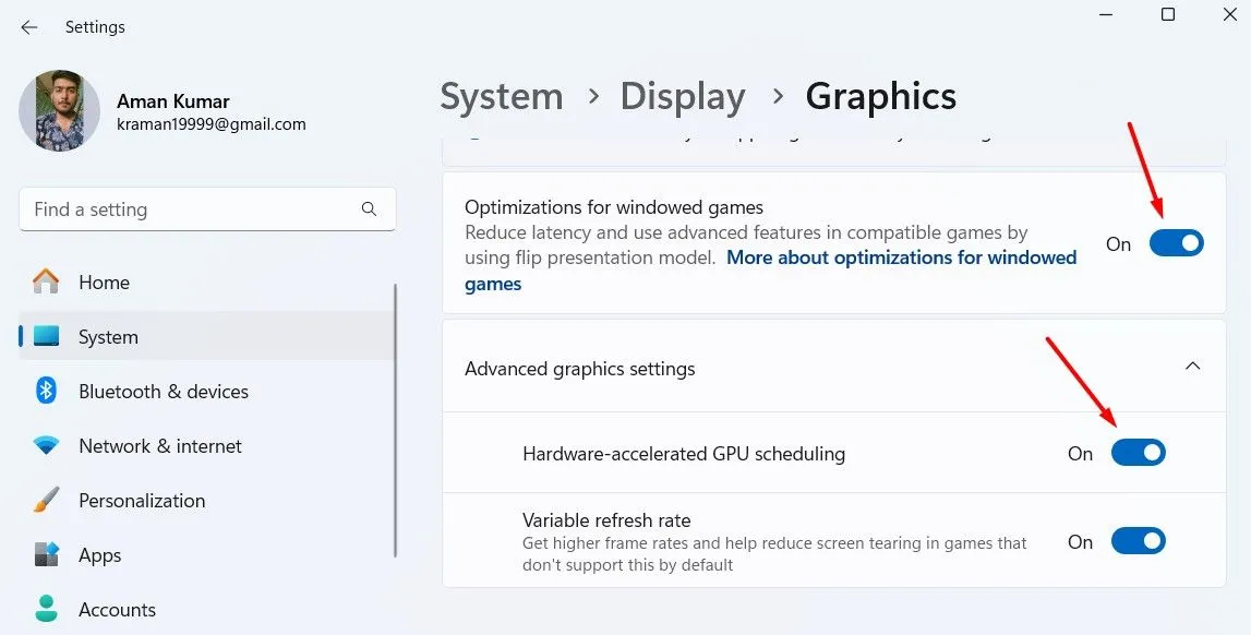 Cửa sổ Cài đặt Đồ họa trong Windows 11, nơi bật tính năng Tối ưu hóa cho game chạy cửa sổ và Tốc độ làm mới thay đổi (VRR).