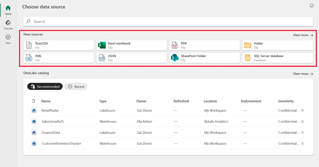Cửa sổ Choose Data Source (Chọn nguồn dữ liệu) mới trong Microsoft Excel, hiển thị các tùy chọn để nhập dữ liệu từ nhiều nguồn khác nhau bao gồm OneLake.