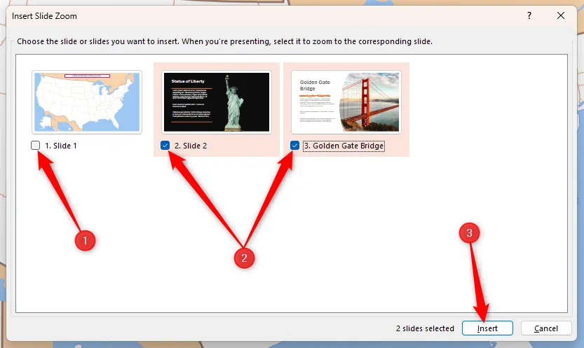 Cửa sổ công cụ Chèn Slide Zoom trong PowerPoint, chọn các slide chi tiết để thêm vào slide tổng quan.