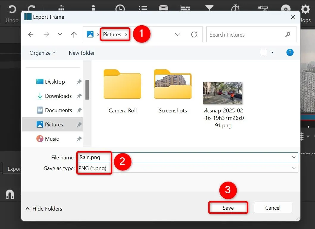Cửa sổ Export Frame của Shotcut với các tùy chọn để lưu khung hình video.