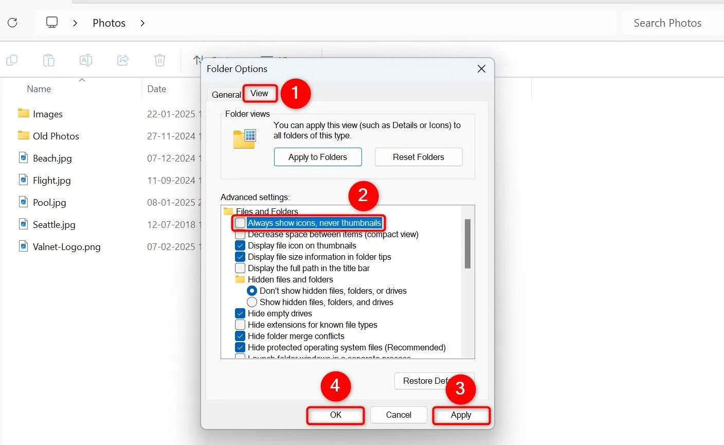 Cửa sổ Folder Options với tùy chọn &quot;Always Show Icons, Never Thumbnails&quot; đã tắt để hiển thị hình thu nhỏ file.
