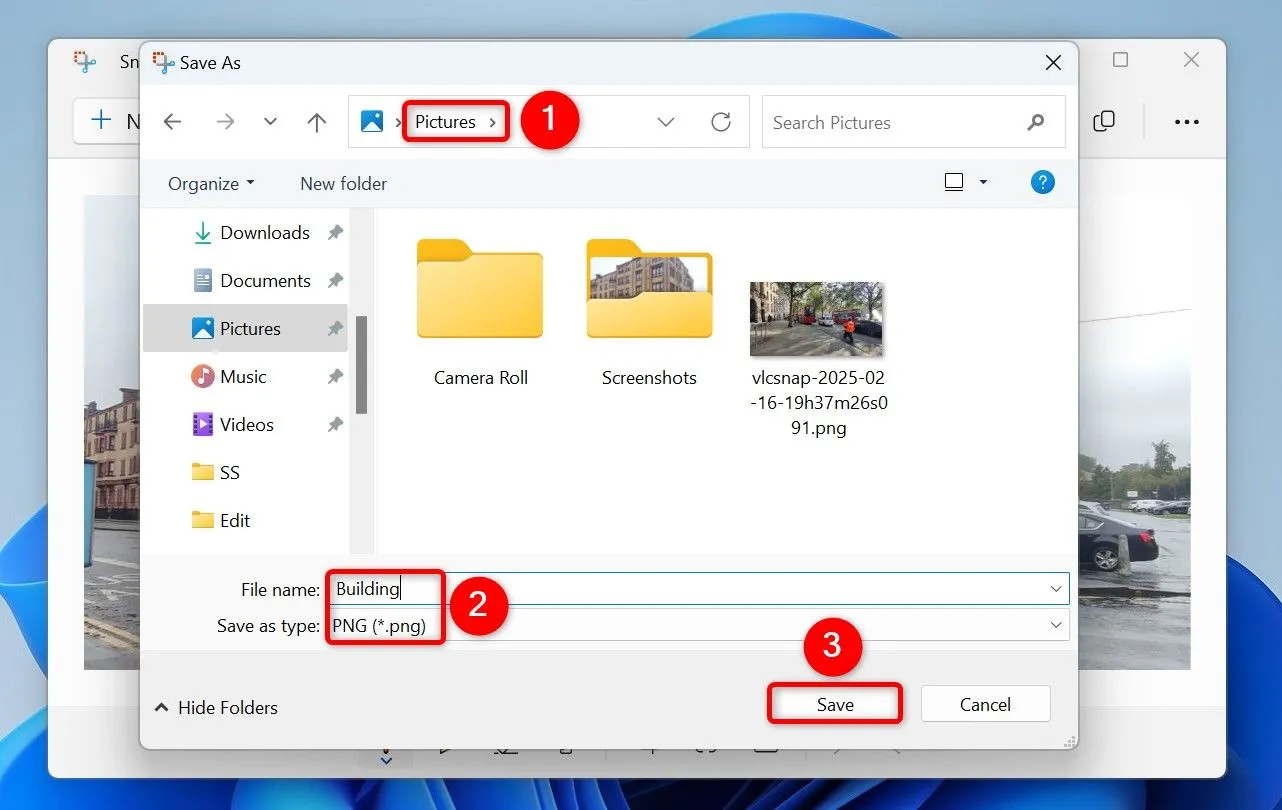 Cửa sổ &quot;Save As&quot; của Snipping Tool để lưu ảnh chụp màn hình video với các tùy chọn định dạng.