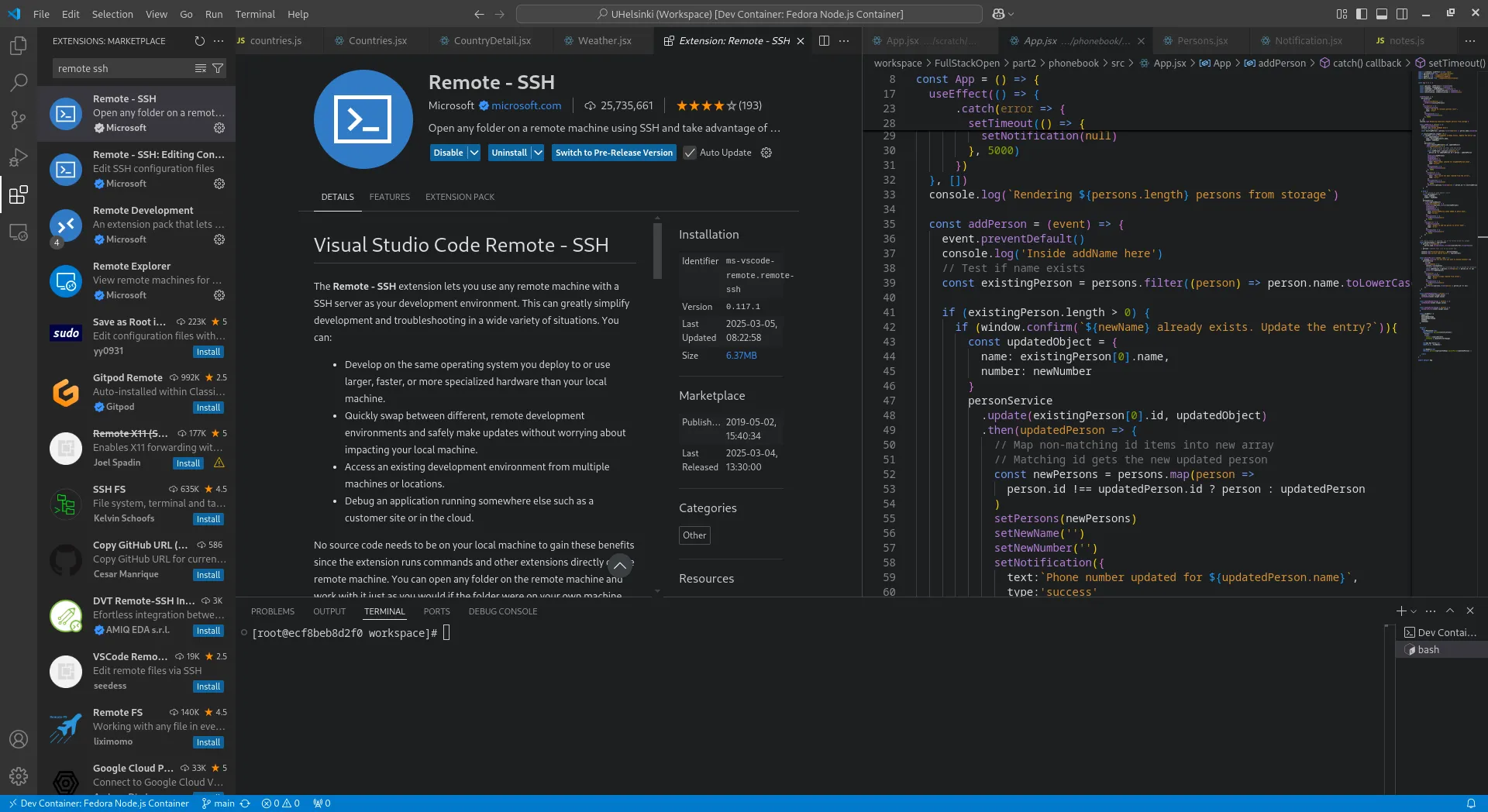 Cửa sổ tiện ích mở rộng VS Code hiển thị Remote - SSH, cho phép làm việc và debug file trên máy chủ từ xa thông qua kết nối SSH.
