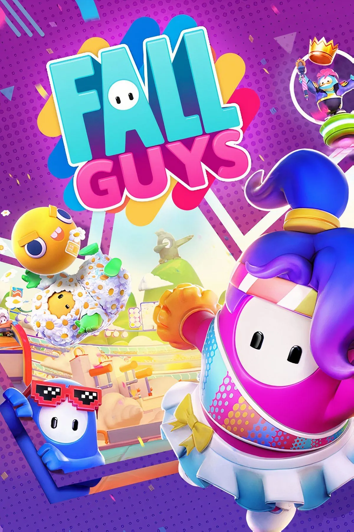 Đám đông nhân vật Fall Guys đang cố gắng vượt qua một chướng ngại vật đầy màu sắc trong môi trường game rực rỡ