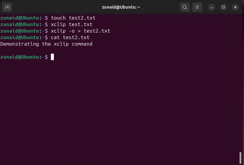 Dán nội dung từ clipboard vào file test2.txt bằng xclip -o và chuyển hướng output.