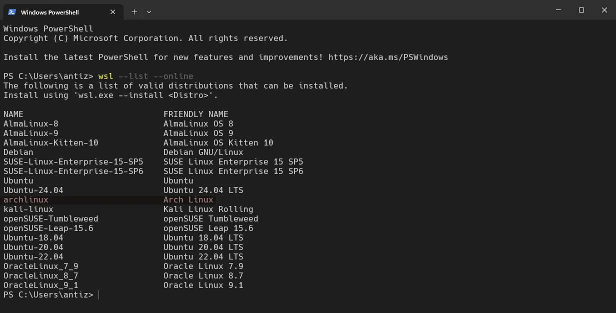 Danh sách các bản phân phối Linux có sẵn trên Windows Subsystem for Linux (WSL), với Arch Linux được đánh dấu nổi bật.