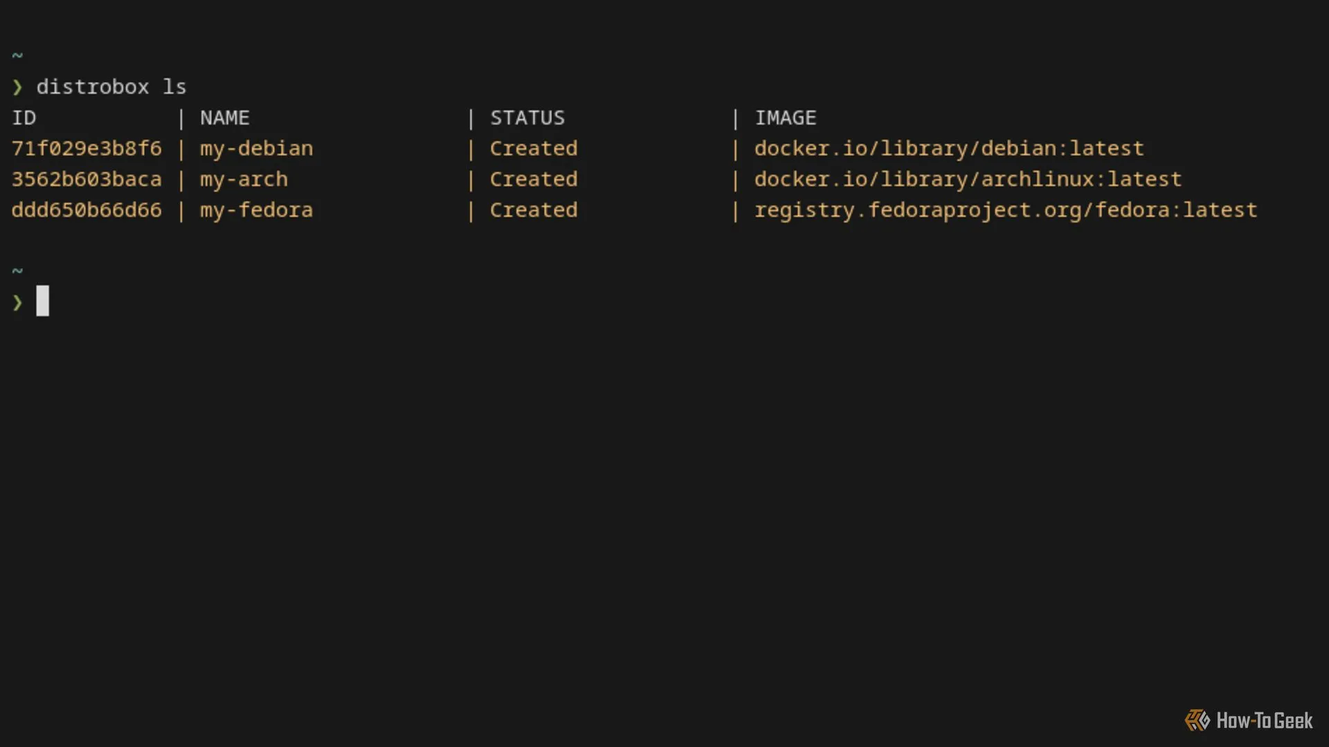 Danh sách các Distrobox container đang hoạt động hiển thị trong cửa sổ terminal Linux.