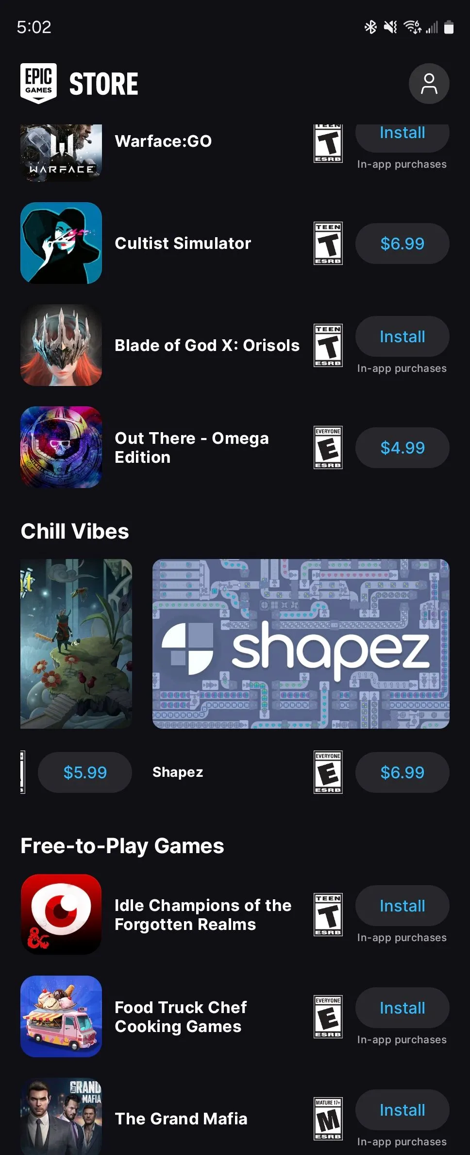 Danh sách các game chọn lọc trong Epic Games Store trên Android, hiển thị các tựa game chất lượng.
