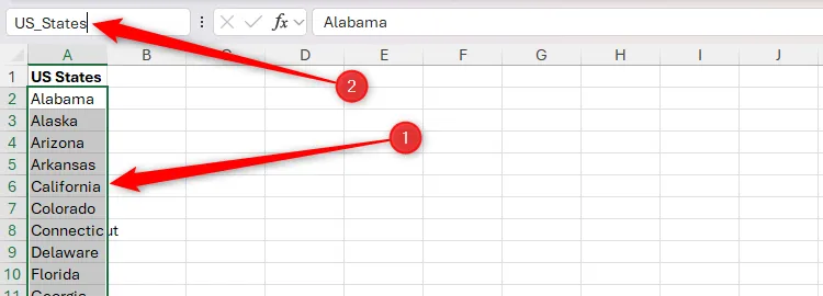 Danh sách các Tiểu bang của Hoa Kỳ trong Excel, với các ô chứa danh sách này được đổi tên thành US_States trong hộp tên.