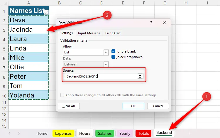 Danh sách tên trong bảng được chọn làm nguồn dữ liệu cho quy tắc Data Validation trong Microsoft Excel.
