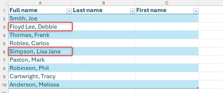 Danh sách tên trong bảng Excel, với các tên có nhiều hơn một từ ở họ hoặc tên được tô sáng, minh họa trường hợp cần xử lý đặc biệt.