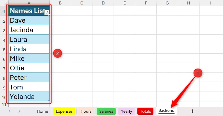 Danh sách tên trong bảng trên trang tính Backend của Excel được sắp xếp theo thứ tự bảng chữ cái, sẵn sàng dùng cho Data Validation.