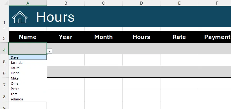 Danh sách thả xuống tên trong Microsoft Excel được tạo thông qua quy tắc xác thực dữ liệu, giúp hạn chế nhập liệu sai.