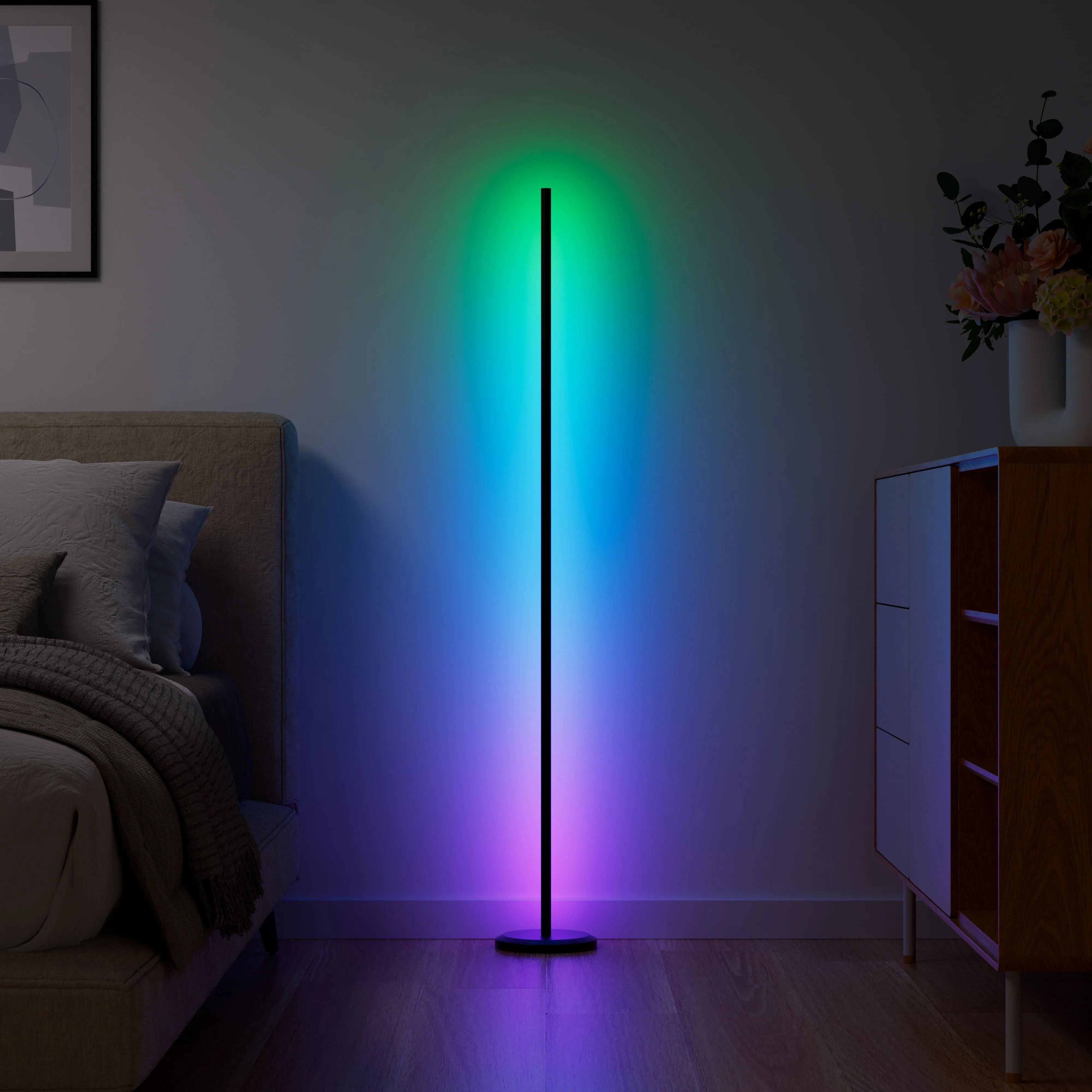 Đèn sàn Nanoleaf Smart Multicolor hiển thị hiệu ứng chuyển màu ánh sáng trong phòng