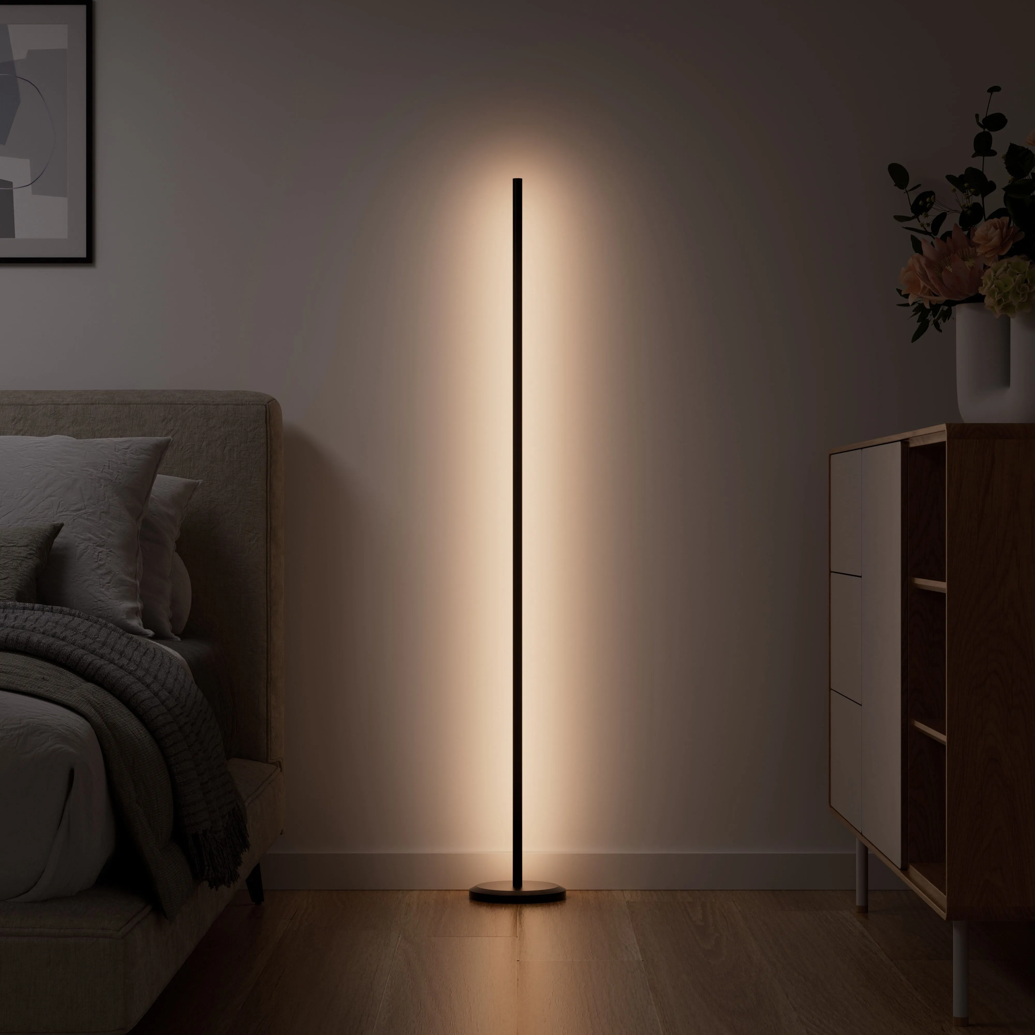 Đèn sàn thông minh Nanoleaf Multicolor màu trắng trong phòng ngủ hiện đại