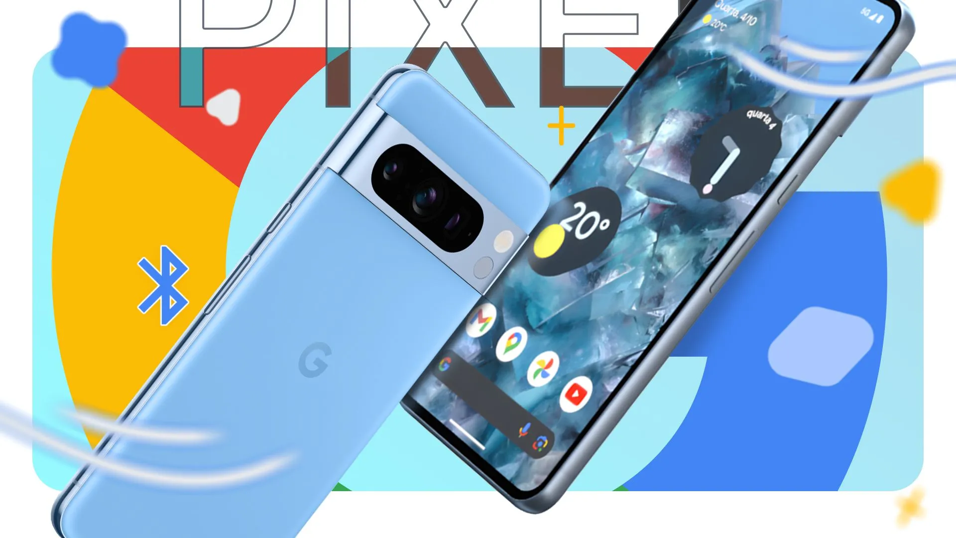 Điện thoại Google Pixel 8 Pro màu xanh được hiển thị từ mặt trước và mặt sau, với logo Google và các yếu tố đồ họa đầy màu sắc ở hậu cảnh.