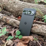 Điện thoại Google Pixel 9 Pro XL giữa lá cây và cành khô