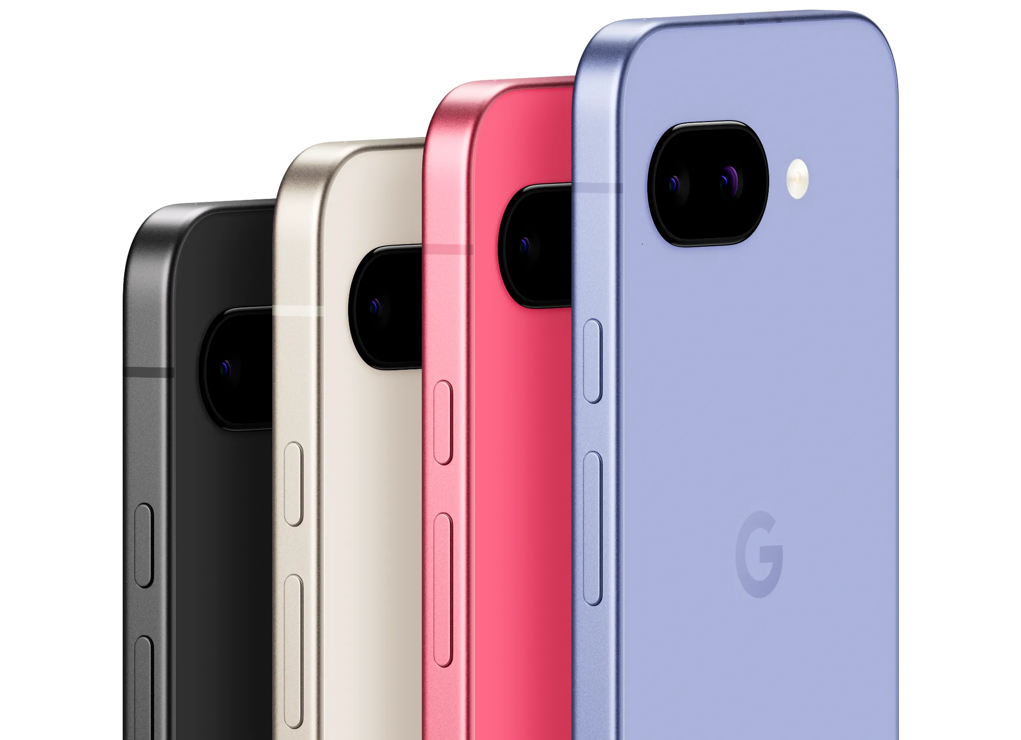 Điện thoại Google Pixel 9a với các tùy chọn màu sắc nổi bật như hồng (Peony) và xanh (Iris) cùng đen, trắng.
