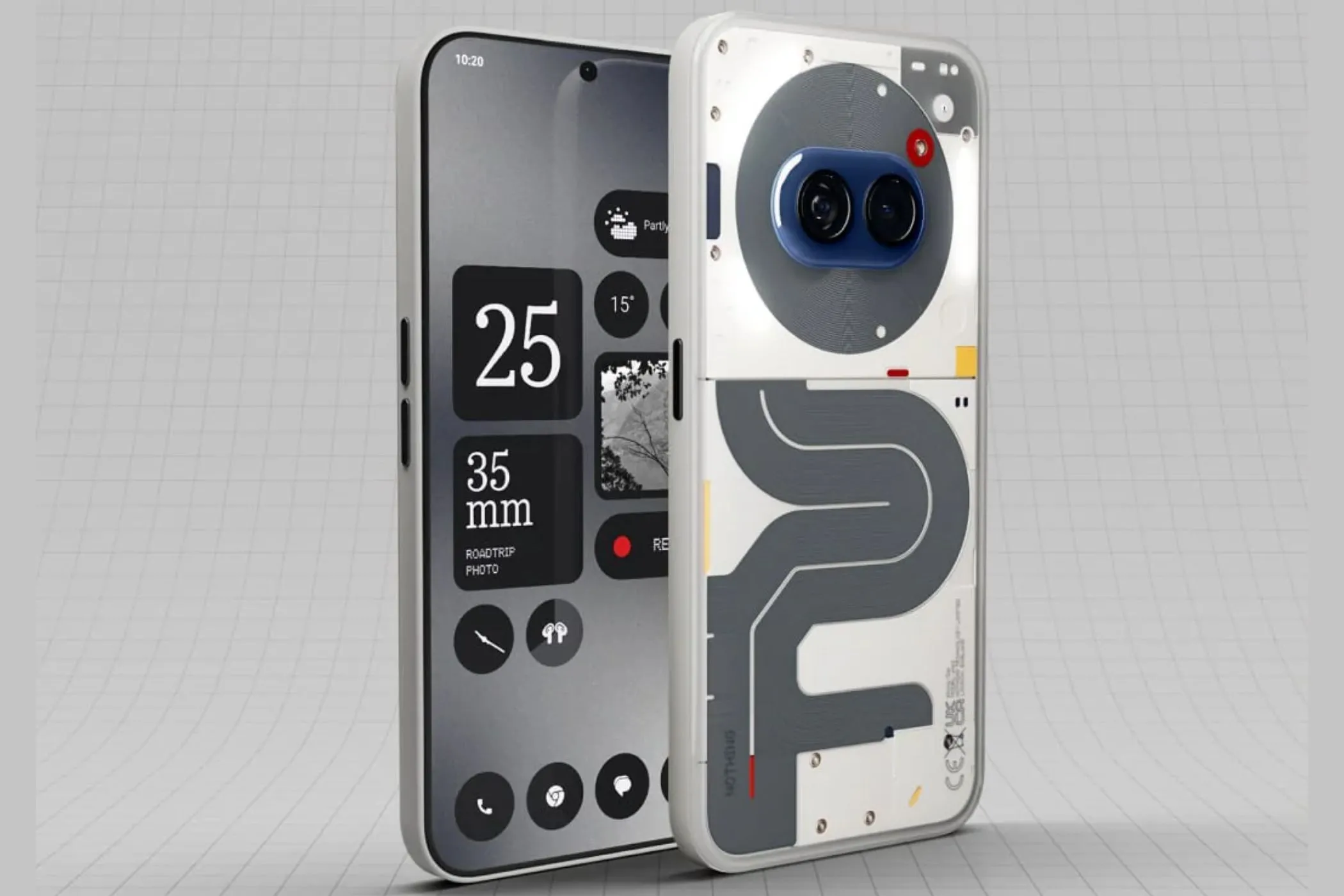 Điện thoại Nothing Phone (2a) màu trắng trong suốt hiển thị giao diện Glyph Interface độc đáo