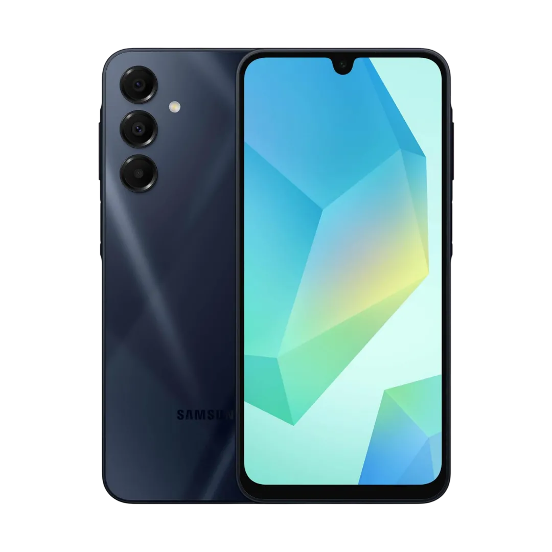 Điện thoại Samsung Galaxy A16 5G màu xanh đen với màn hình hiển thị sống động.