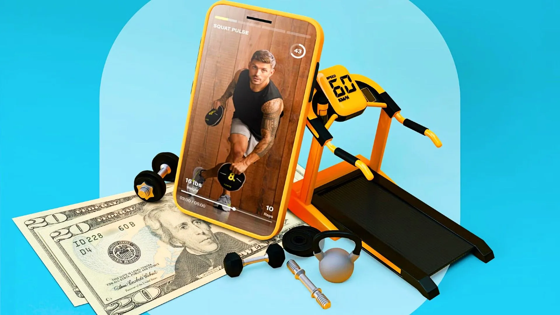Điện thoại thông minh hiển thị ứng dụng tập luyện, xung quanh là dụng cụ tập gym, minh họa việc tập luyện tại nhà hiệu quả