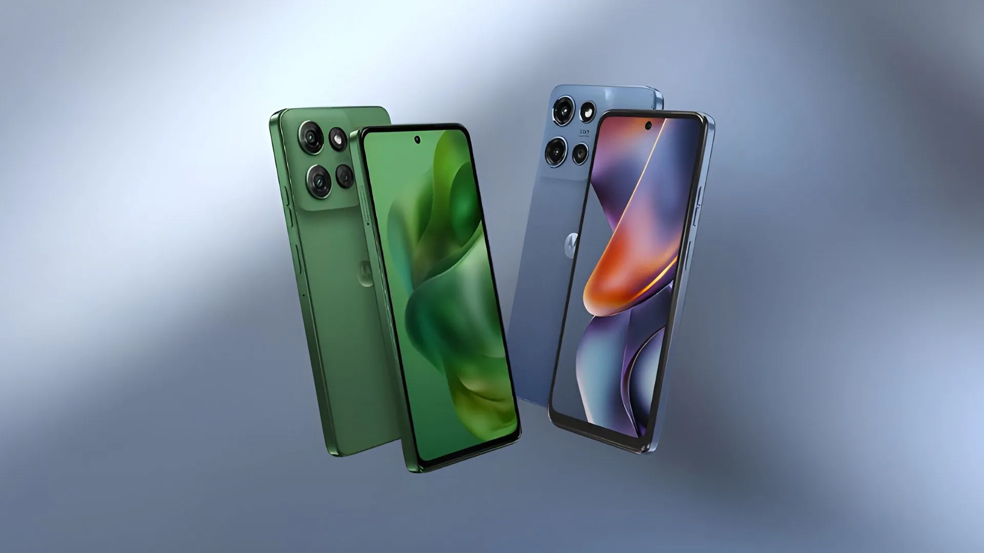 Điện thoại thông minh Motorola Moto G 2025 màu xanh ngọc hiển thị màn hình chính, đặt nghiêng trên bề mặt phẳng.