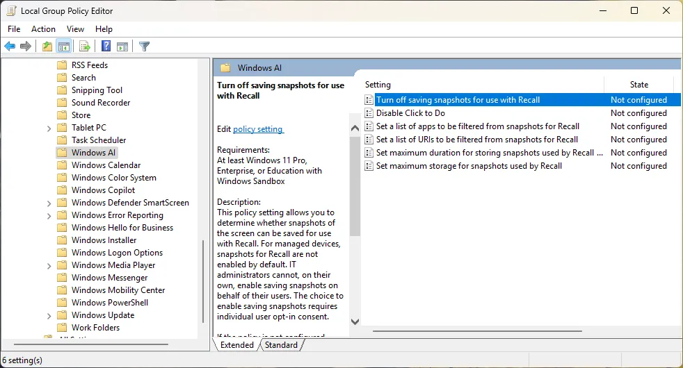 Điều hướng đến cài đặt Windows AI trong Local Group Policy Editor để cấu hình Recall