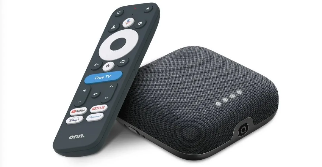 Điều khiển Walmart Onn 4K Pro với nút Free TV màu xanh nổi bật