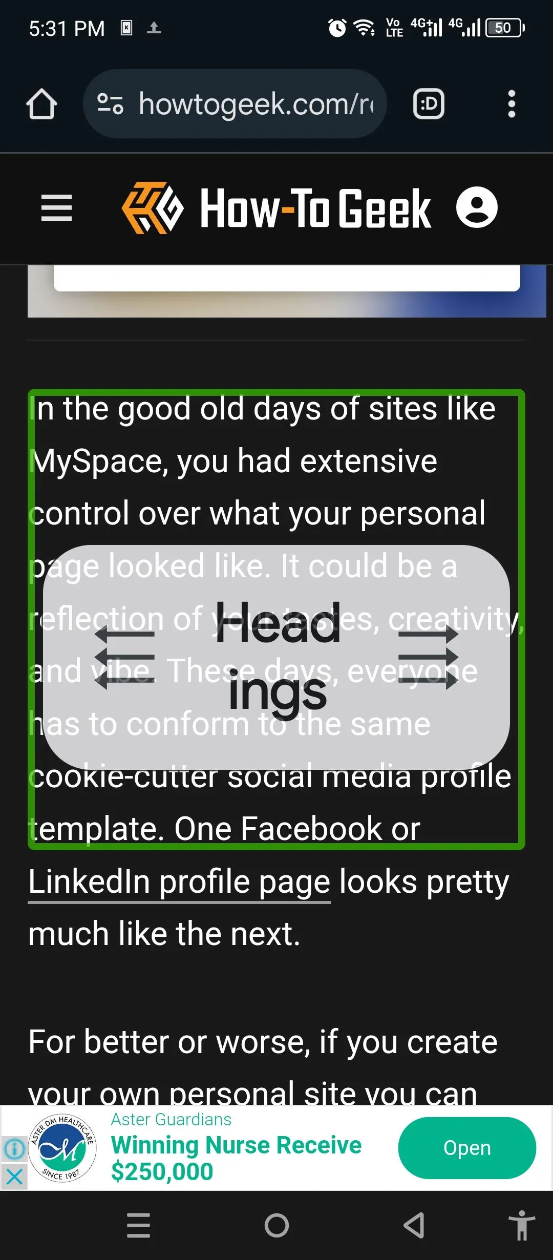 Đọc nội dung bài viết bằng TalkBack trong chế độ &quot;Headings&quot; để di chuyển nhanh giữa các tiêu đề