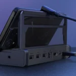 Dock ASUS ROG Bulwark với chân đế mở ra, cho thấy các cổng kết nối phía sau và thiết kế tinh tế