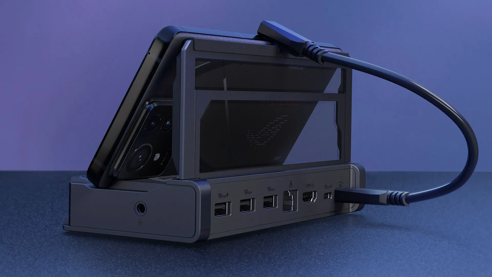 Dock ASUS ROG Bulwark với chân đế mở ra, cho thấy các cổng kết nối phía sau và thiết kế tinh tế