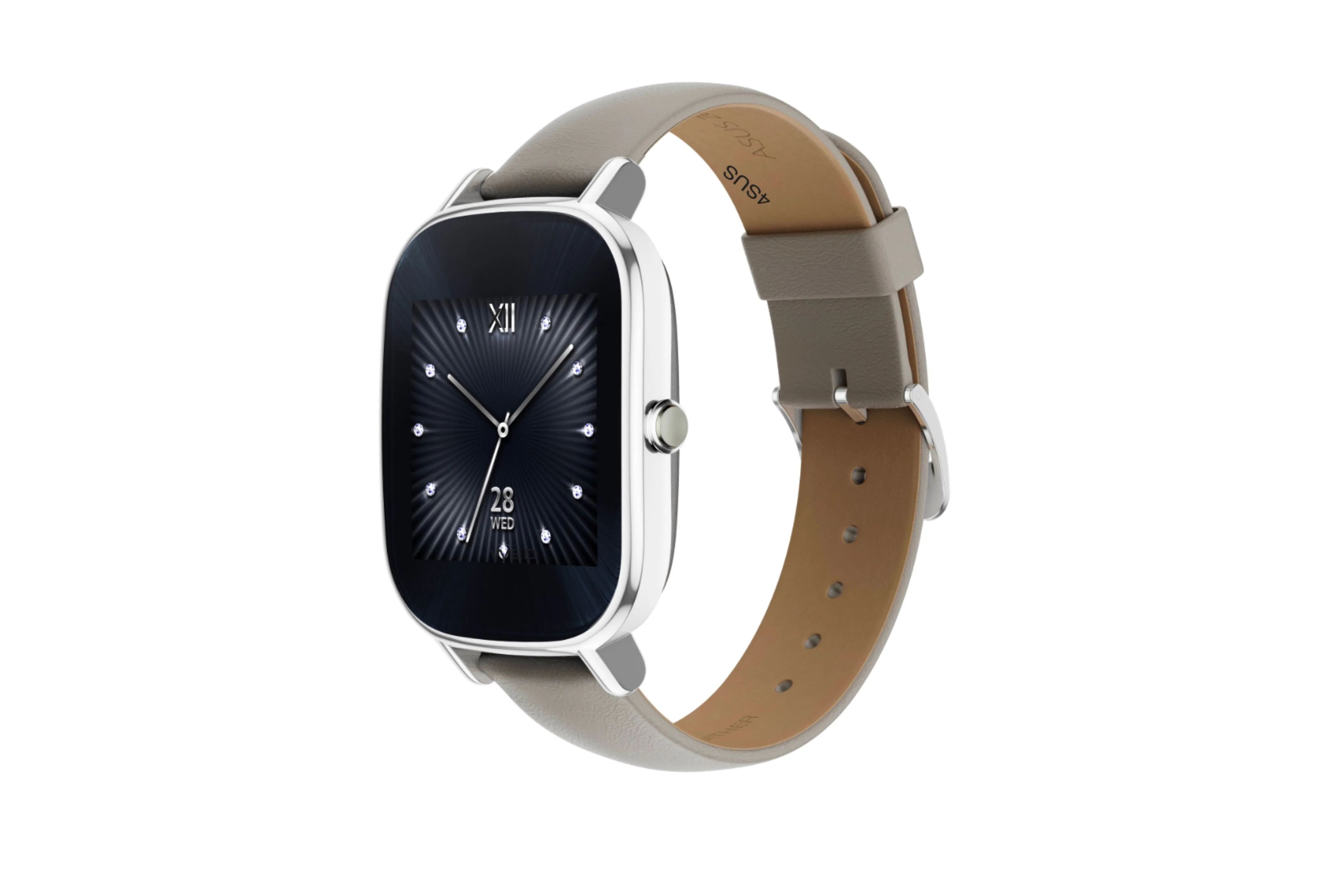 Đồng hồ thông minh Asus ZenWatch 2 với dây đeo màu nâu, minh họa cho trải nghiệm cử chỉ cổ tay tương tự Wrist Flick.