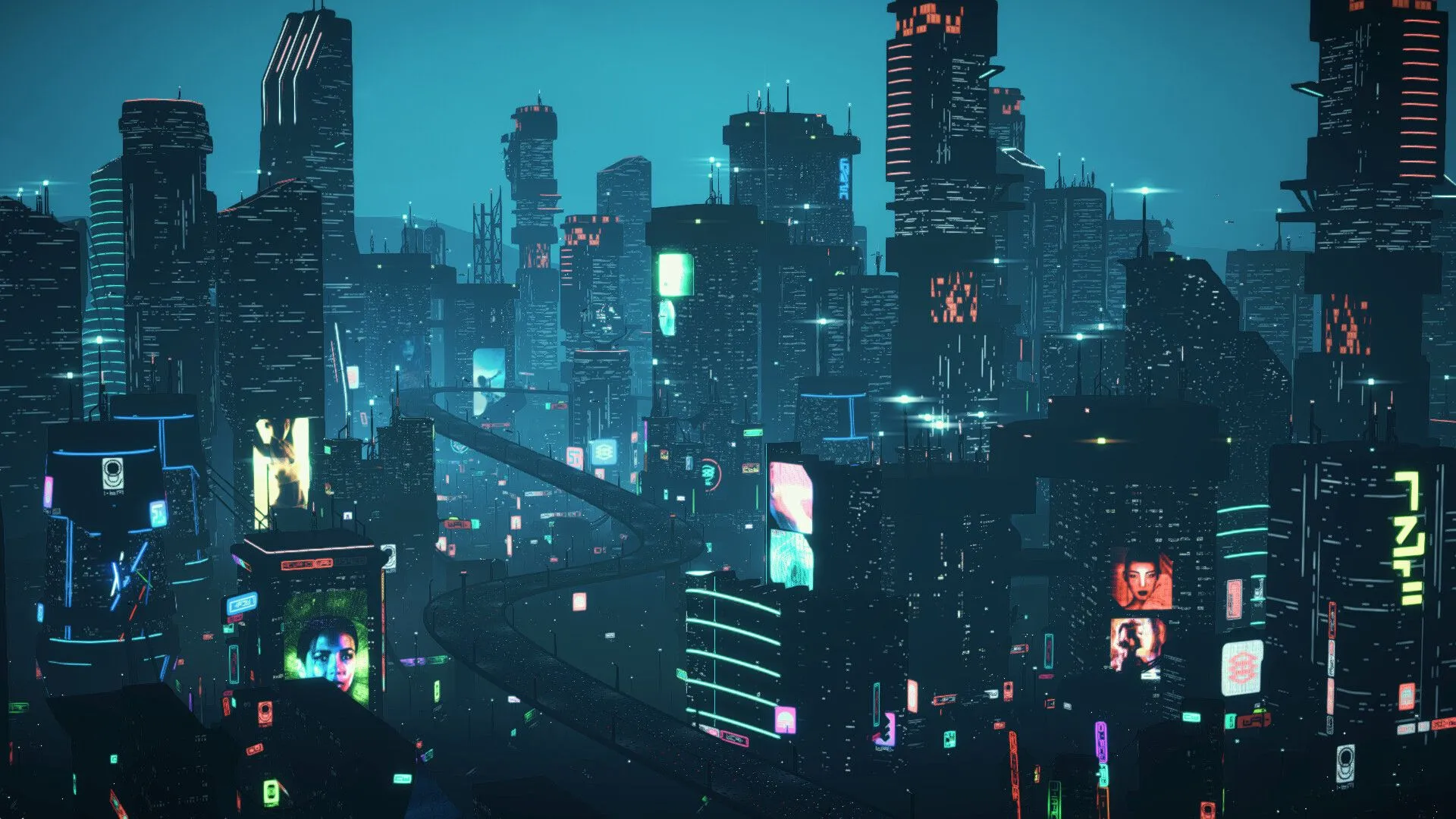 Đường phố thành phố Dystopika về đêm, với những vệt sáng từ đèn neon và giao thông tự động.