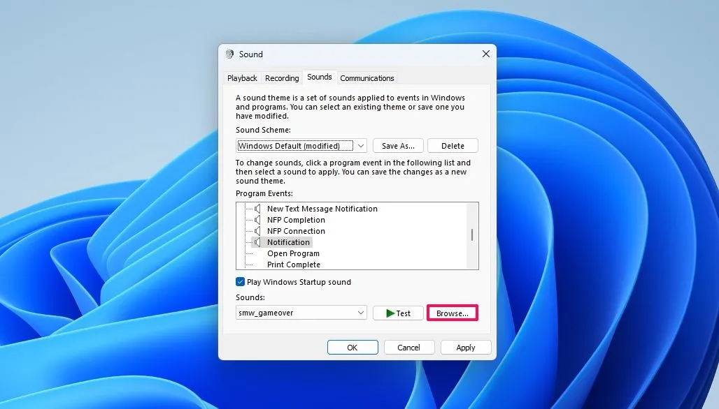 Duyệt tìm tệp âm thanh để sử dụng làm âm thông báo cho hành động cụ thể trên Windows