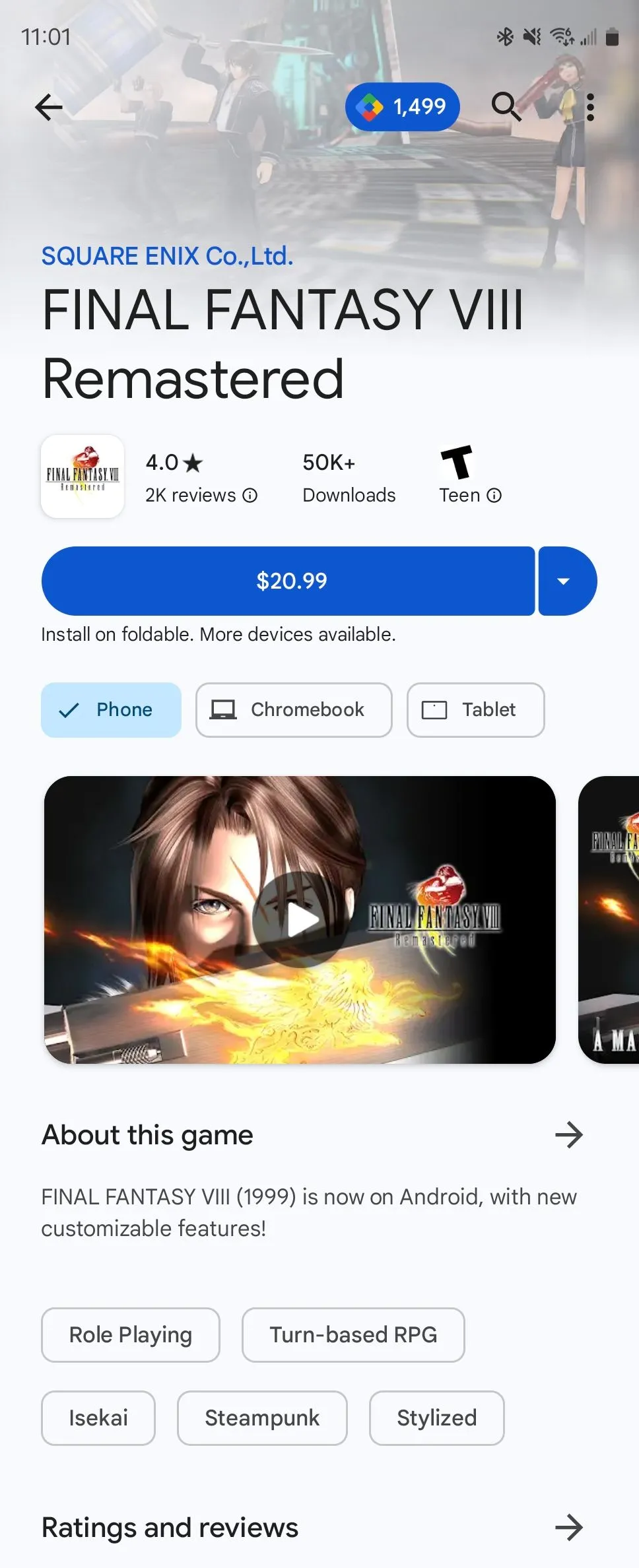 Final Fantasy VIII bản port có sẵn trên Google Play Store dành cho Android.