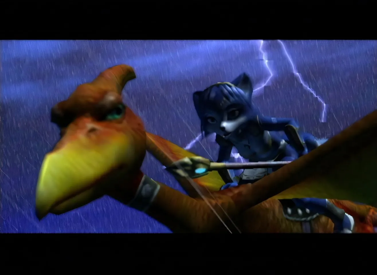 Fox McCloud cưỡi khủng long trong Star Fox Adventures, minh họa yếu tố phiêu lưu.