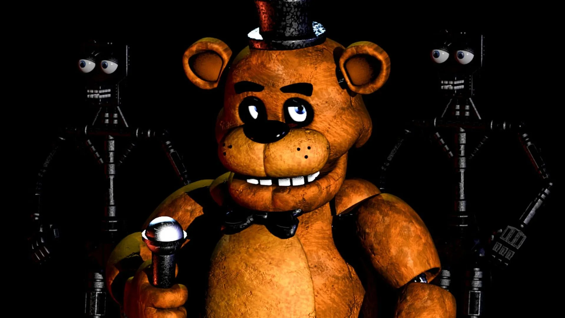 Freddy Fazbear cầm mic đứng cạnh các robot animatronic khác trong game Five Nights At Freddy's, biểu tượng của sự phức tạp cốt truyện kinh dị.