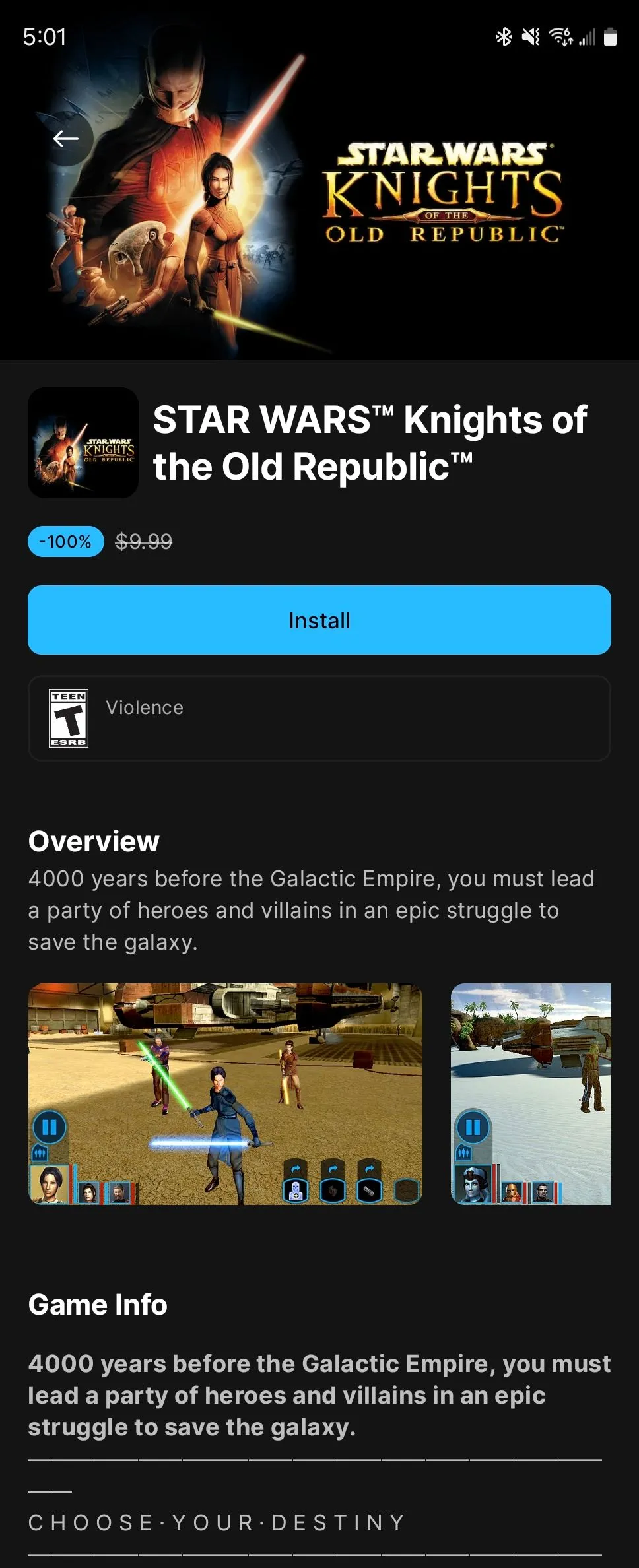 Game Star Wars Knights of the Old Republic miễn phí trên Epic Games Store Android.