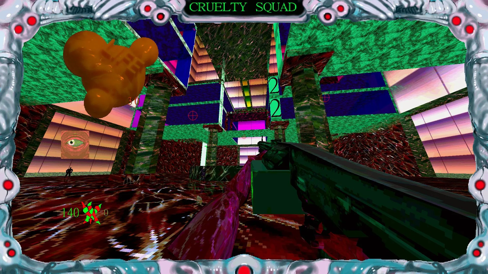 Gameplay của Cruelty Squad với đồ họa rực rỡ và phong cách nghệ thuật độc đáo, gây sốc và khó chịu cho người nhìn.