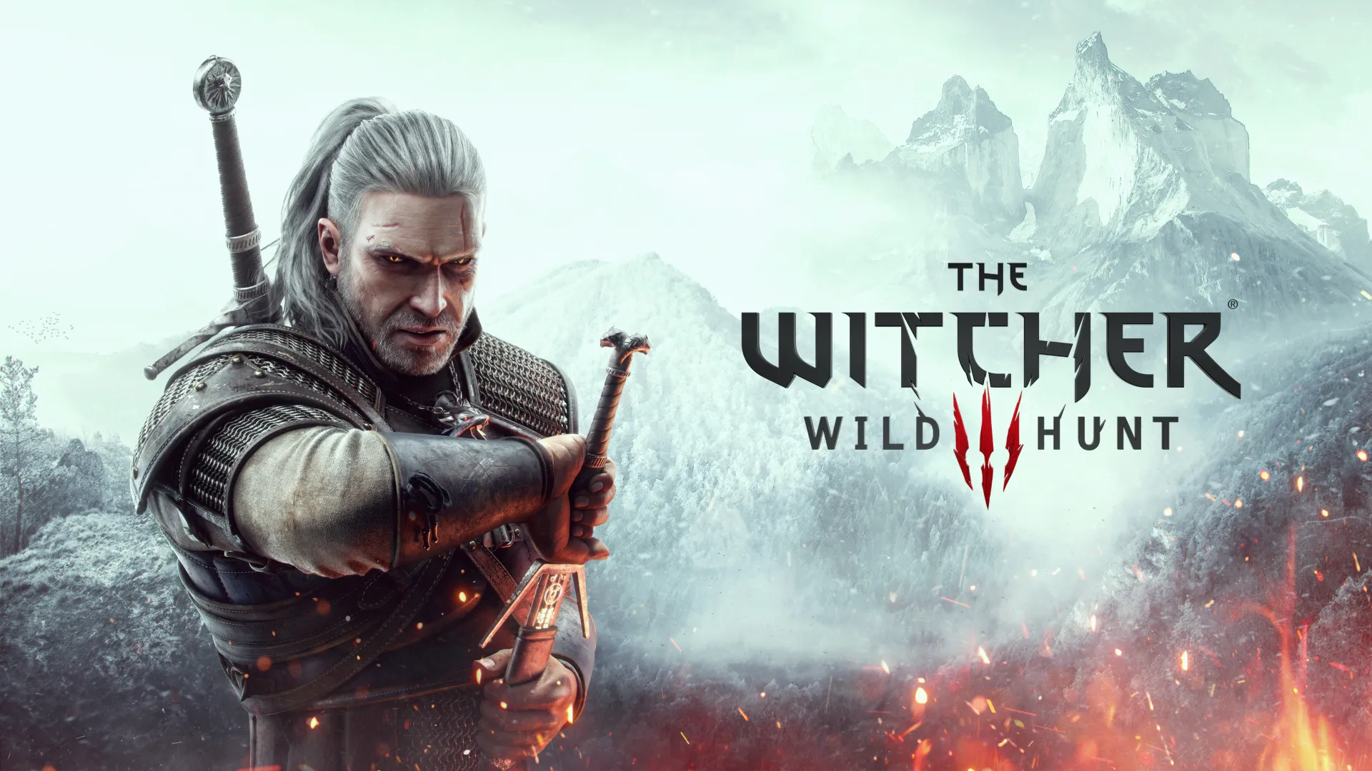 Geralt of Rivia chiến đấu trong hình ảnh quảng bá game The Witcher 3 Wild Hunt với bối cảnh hùng vĩ.