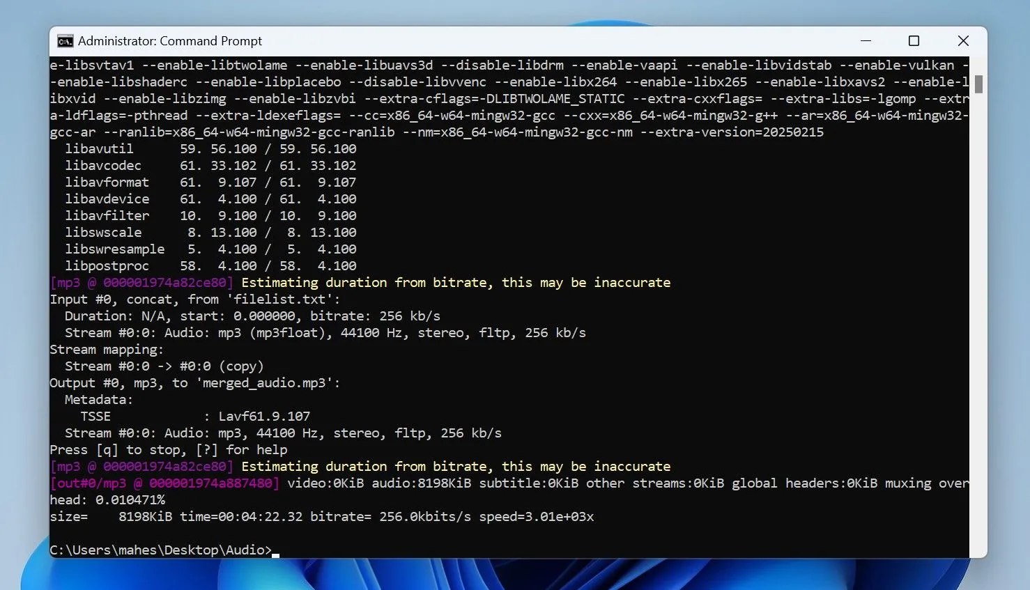 Ghép nối nhiều file âm thanh bằng lệnh FFmpeg trong Command Prompt