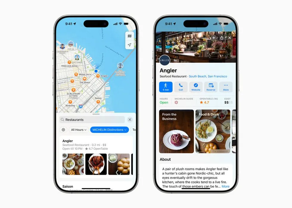 Giao diện Apple Maps hiển thị các nhà hàng đạt sao Michelin và được đánh giá cao.