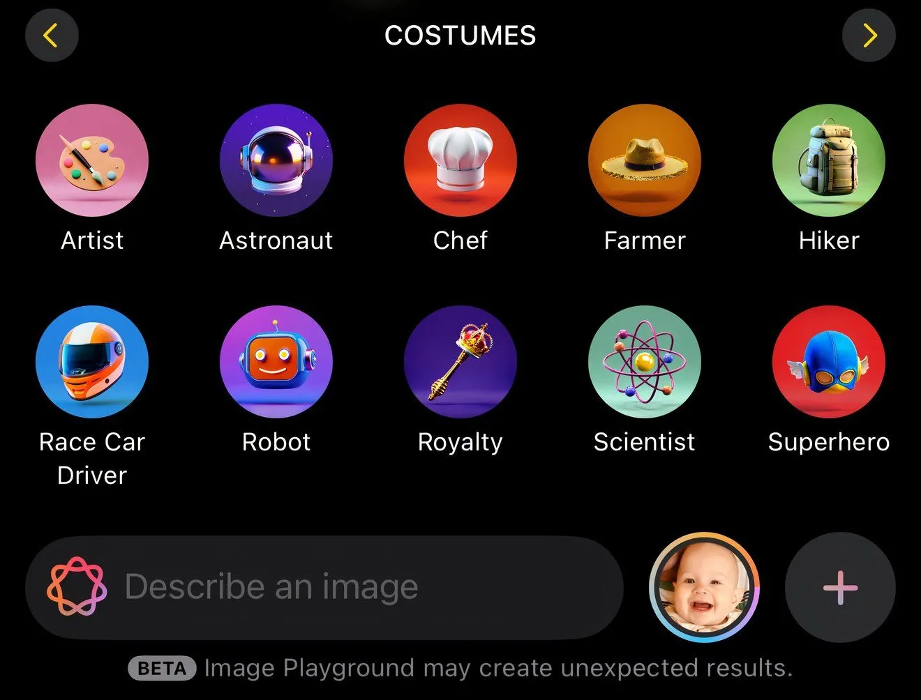 Giao diện bảng tùy chọn trang phục trong Image Playground trên iPhone.