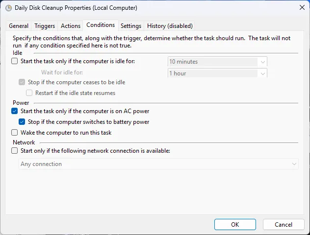 Giao diện cài đặt chi tiết của tác vụ trong Task Scheduler, cho phép cấu hình nâng cao các điều kiện và hành động.