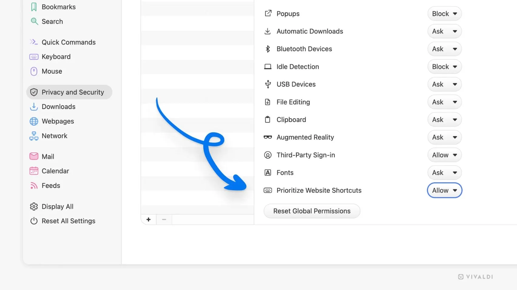 Giao diện cài đặt phím tắt mới của Vivaldi 7.4 cho phép tùy chỉnh theo từng trang web
