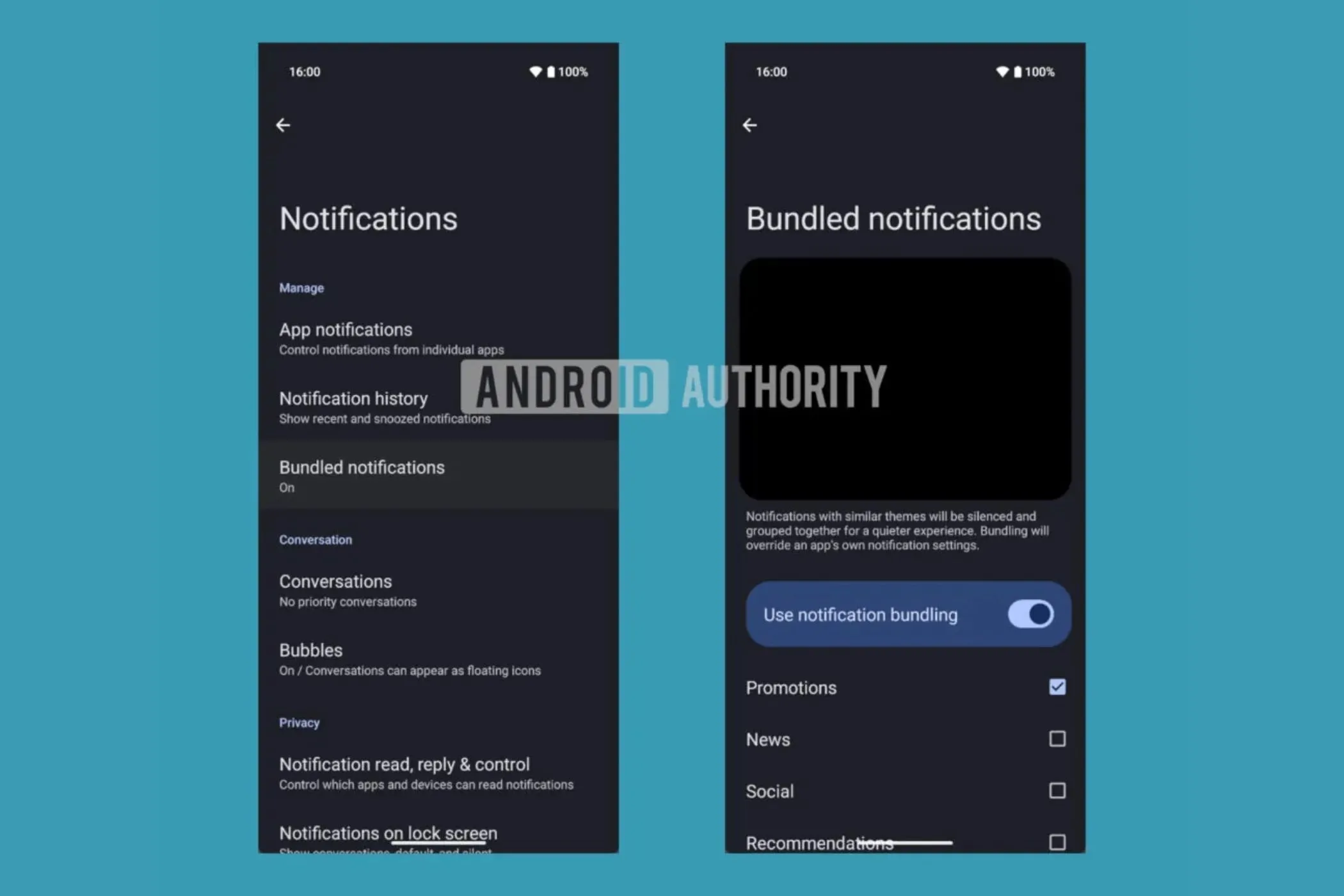 Giao diện cài đặt tính năng Bundled Notifications đang được thử nghiệm trên Android.