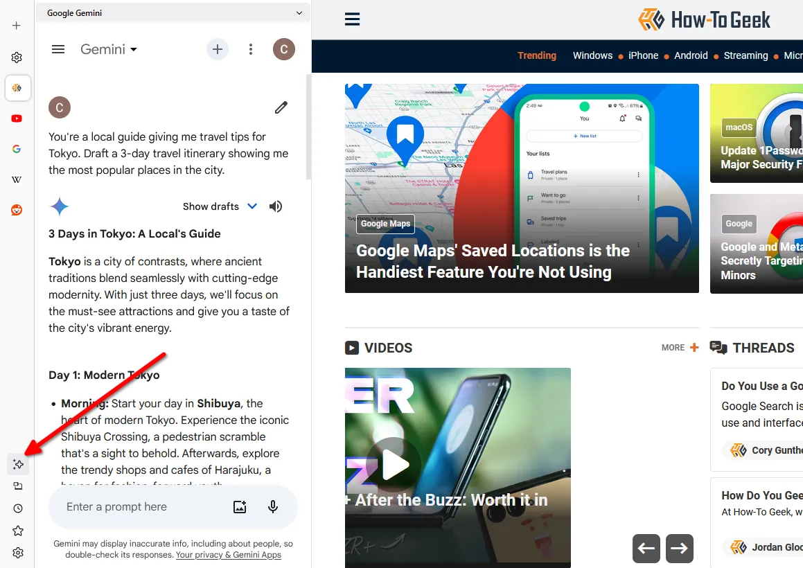 Giao diện chatbot Google Gemini hoạt động trong thanh bên của trình duyệt Firefox.