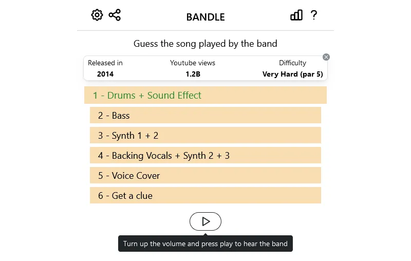 Giao diện chính của trò chơi Bandle trên trình duyệt web với phần thử thách đoán bài hát theo nhạc cụ.